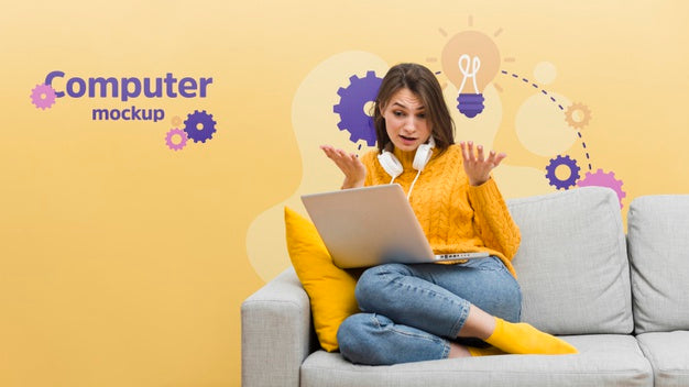 Free Woman On Couch Working On Laptop Psd