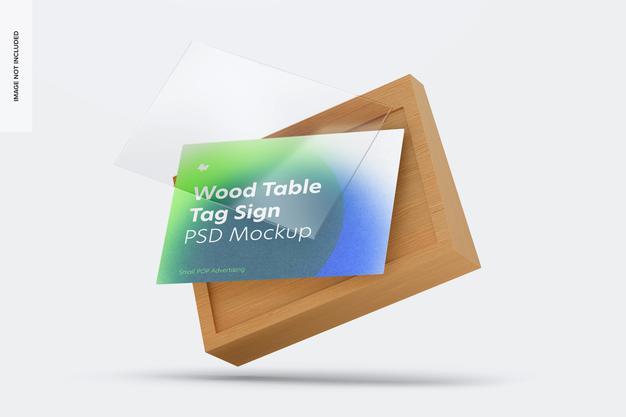 Free Wood Table Advertising Tag Sign Mockup, Falling Psd