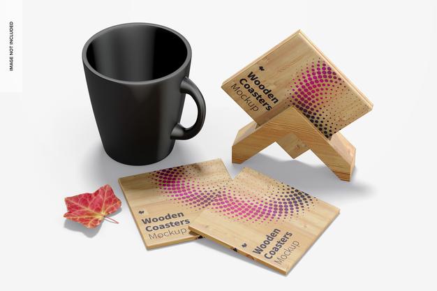 Free Wooden Coasters With Mug Mockup Psd