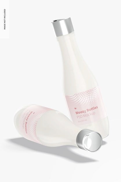 Free Woozy Bottles With Disc Top Cap Mockup, Standing And Dropped Psd