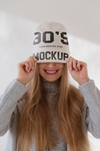 Free Young Woman Wearing Beanie Mockup Psd