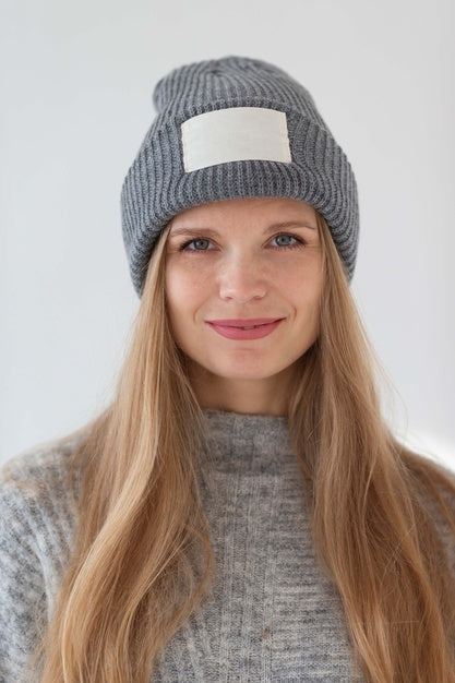 Free Young Woman Wearing Beanie Mockup Psd