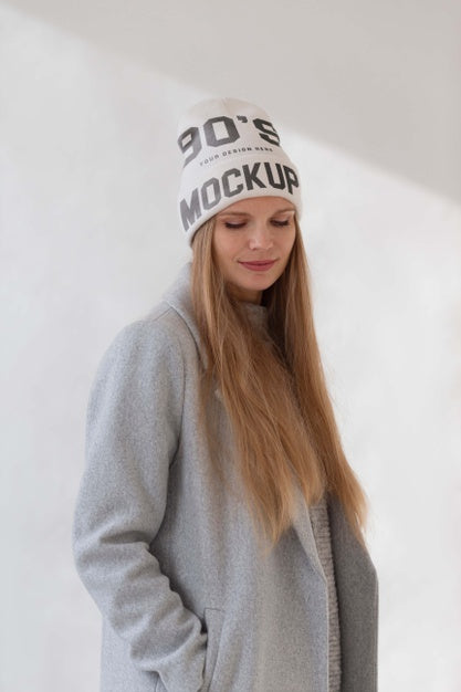 Free Young Woman Wearing Beanie Mockup Psd