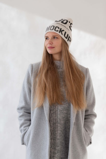 Free Young Woman Wearing Beanie Mockup Psd