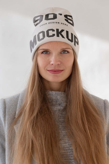 Free Young Woman Wearing Beanie Mockup Psd
