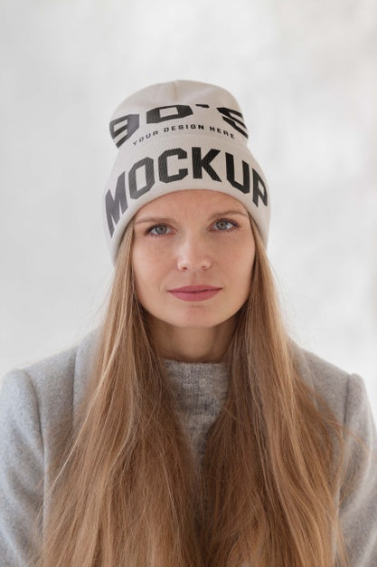 Free Young Woman Wearing Beanie Mockup Psd