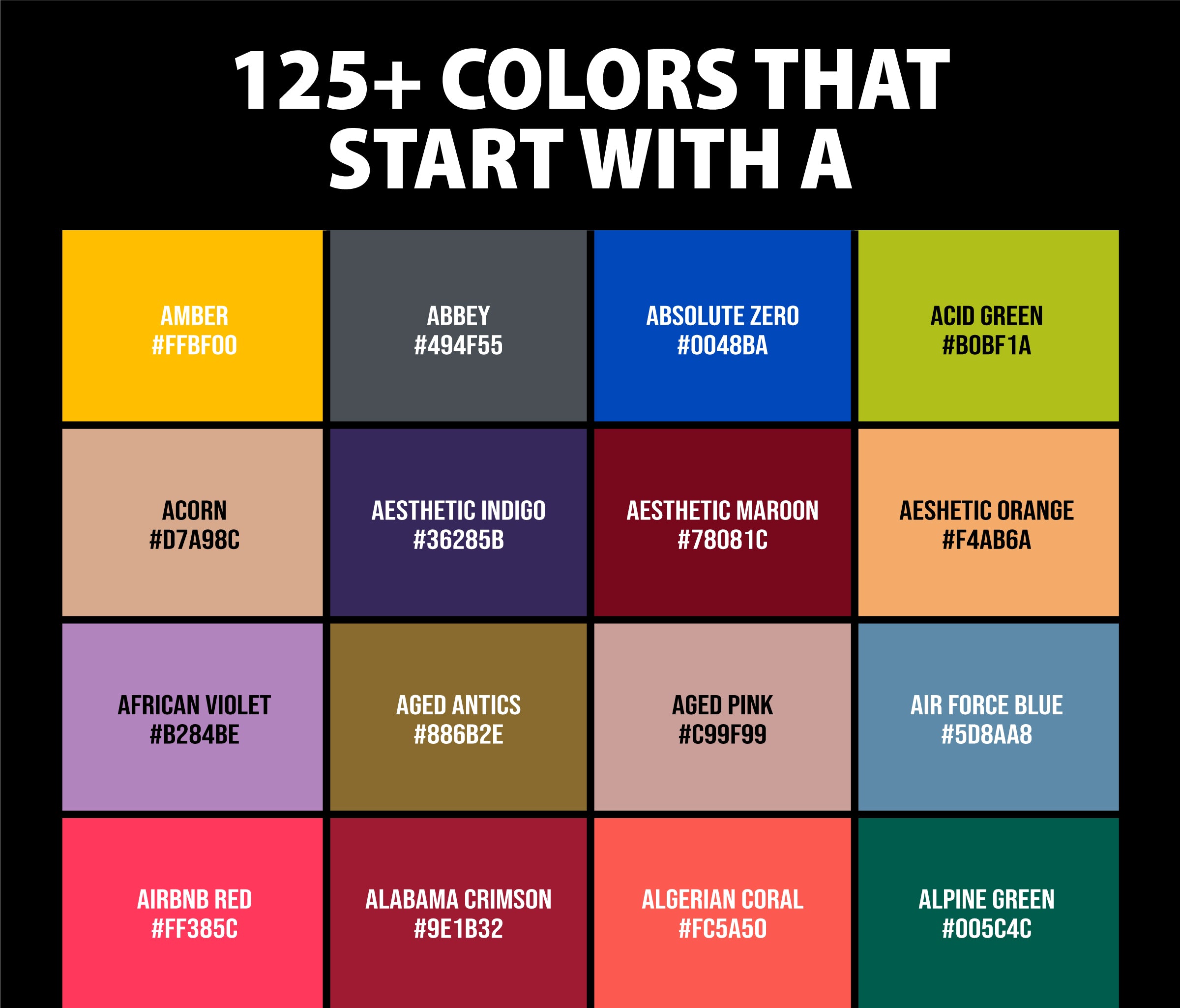 125+ Colors that Start with A (Names and Color Codes) – CreativeBooster