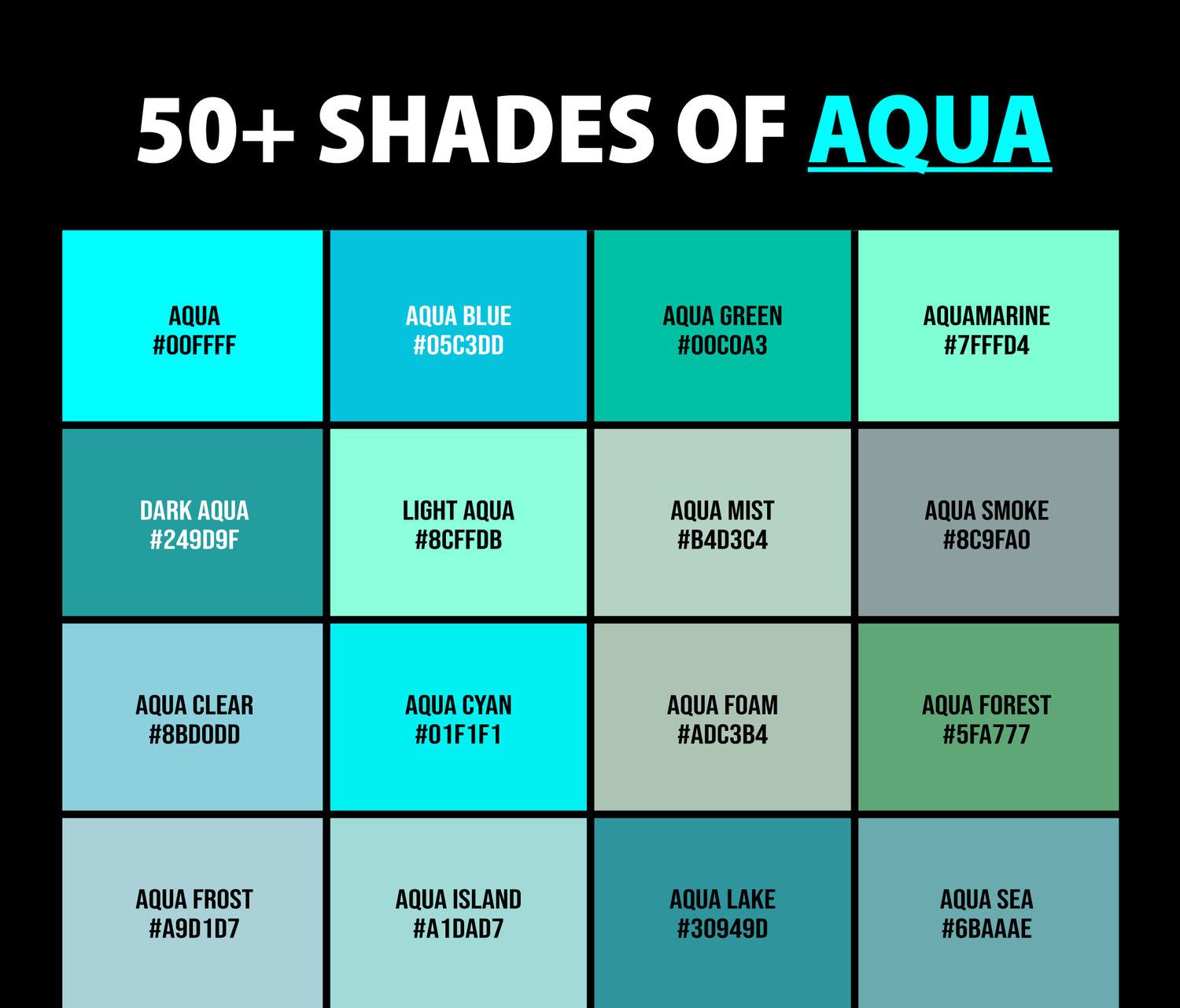 50 Shades Of Aqua Color Names Hex Rgb And Cmyk Codes Creativebooster