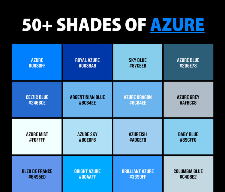 50+ Shades of Azure Color (Names, HEX, RGB, & CMYK Codes) – CreativeBooster