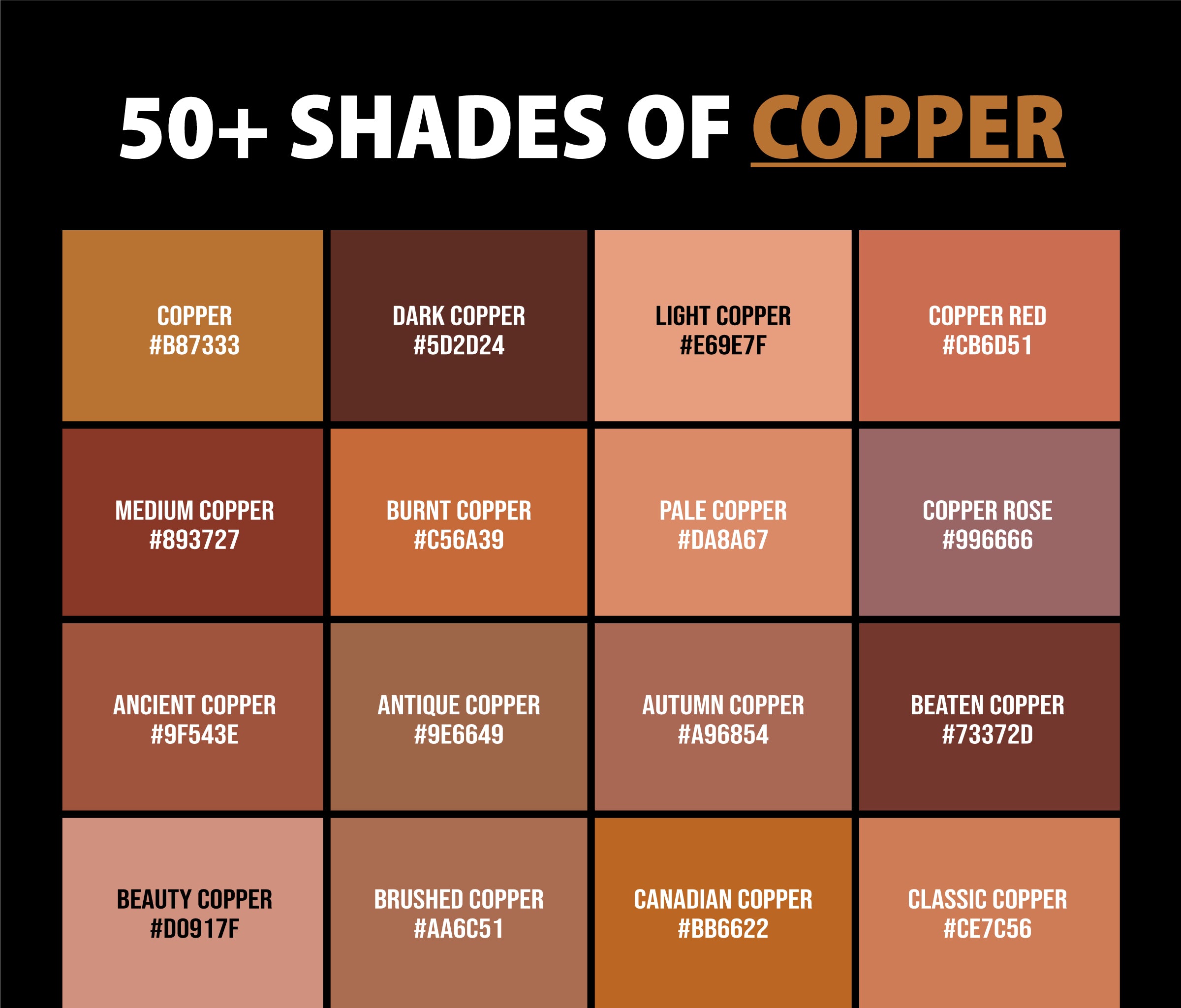 50 Shades Of Copper Color Names Hex Rgb And Cmyk Codes Creativebooster