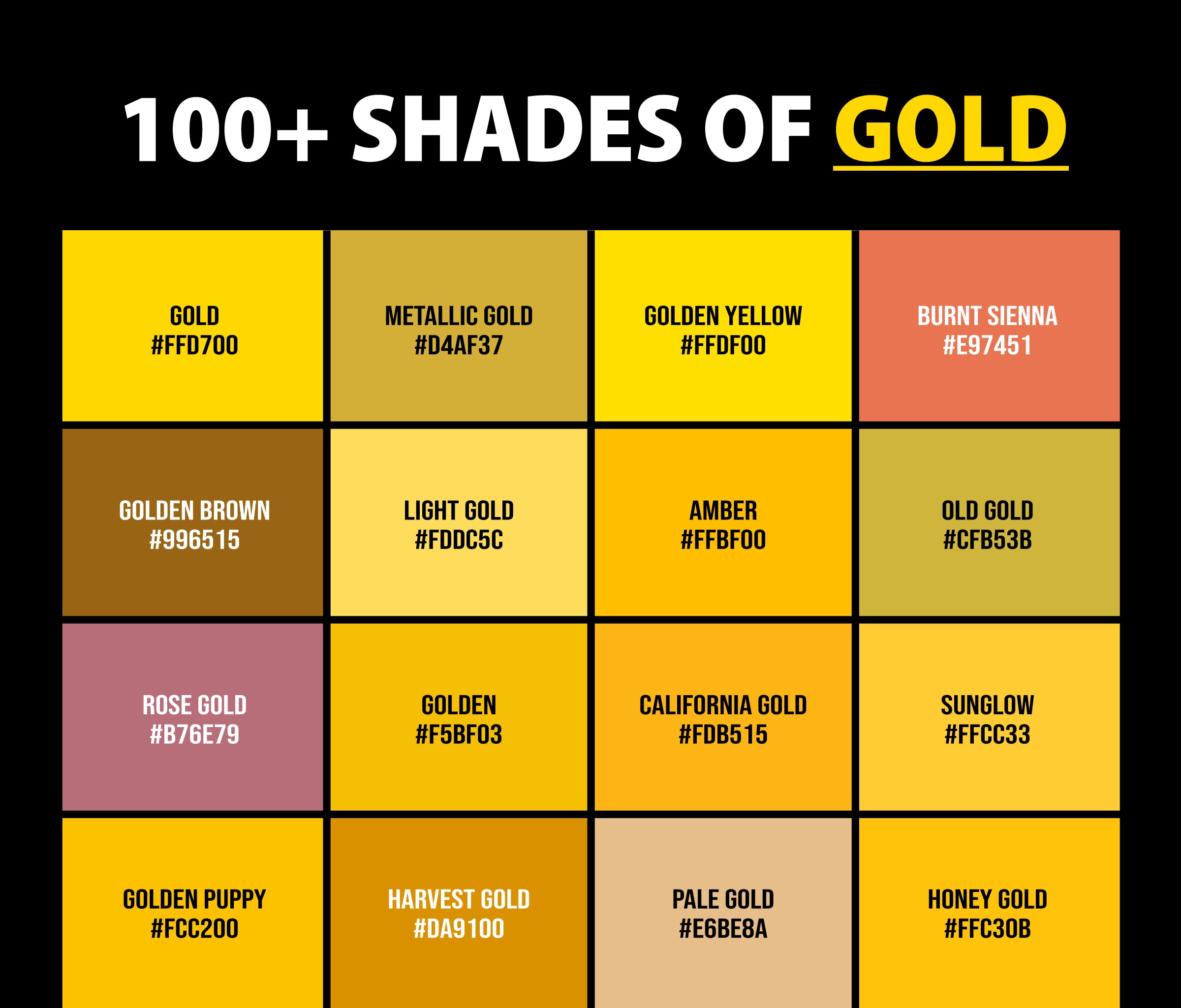 100 Shades Of Gold Color Names HEX RGB CMYK Codes CreativeBooster