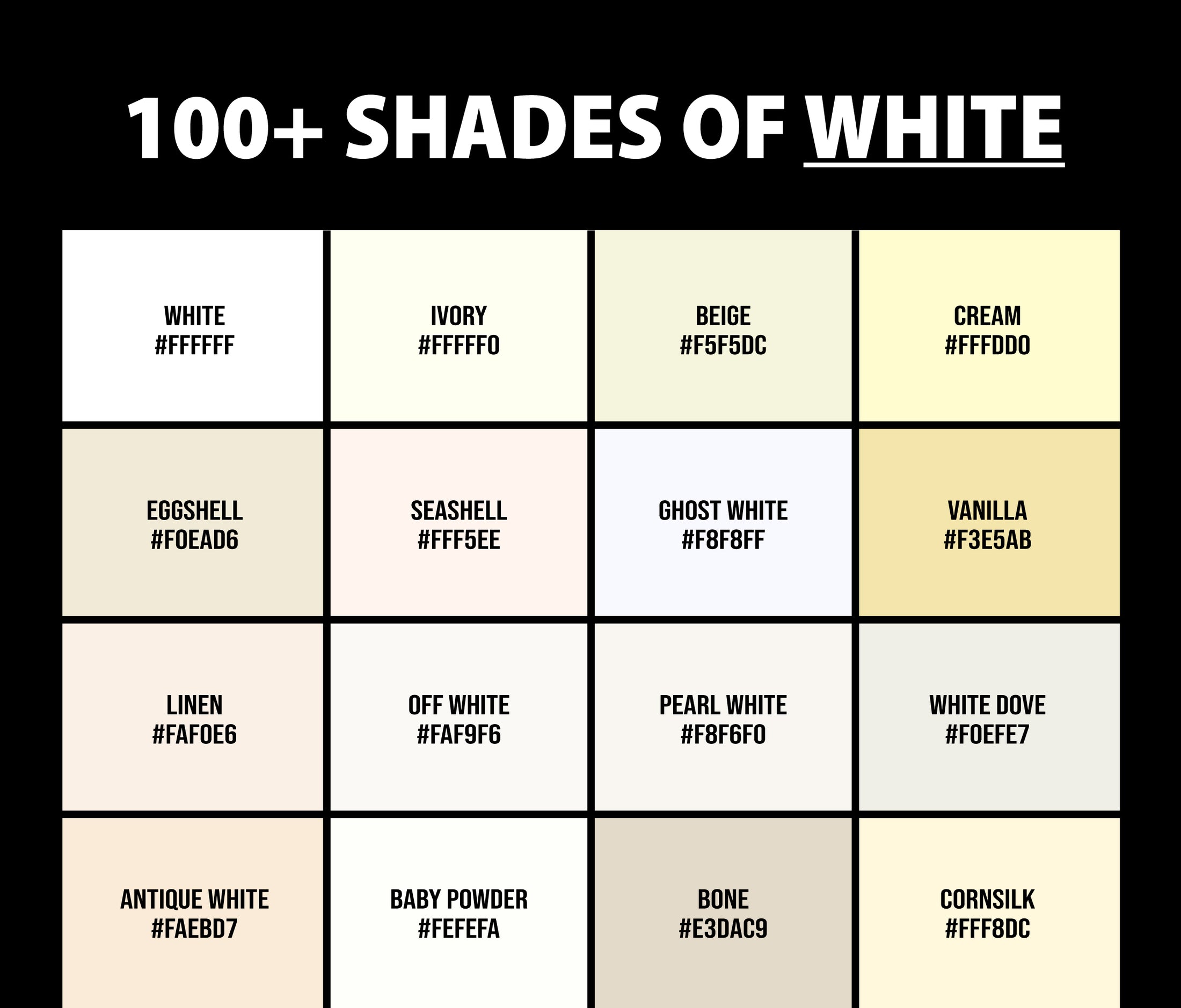 100+ Shades of White Color (Names, HEX, RGB & CMYK Codes) – CreativeBooster