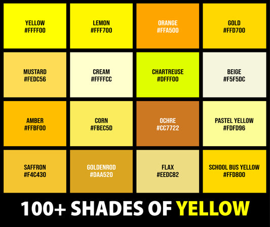 100+ Shades of Yellow Color (Names, HEX, RGB, & CMYK Codes)  Shades of  yellow color, Color palette yellow, Shades of yellow