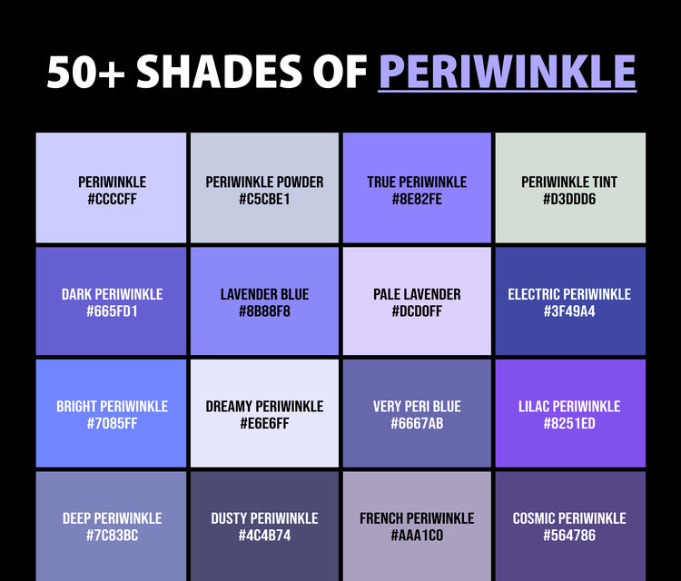 Html Colors Periwinkle 50+ Shades of Periwinkle Color (Names, HEX, RGB, & CMYK Codes ...
