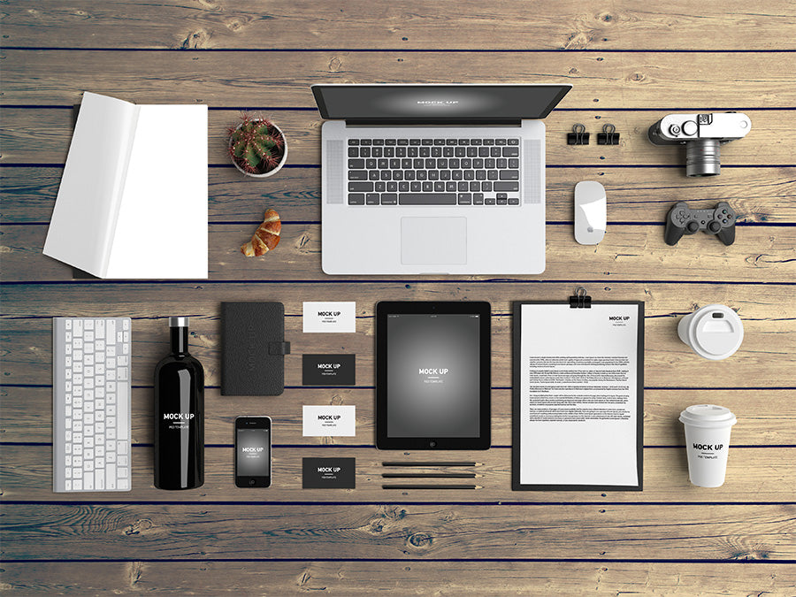 Free Branding Identity Collection with Laptopn, Tablet and Business Card PSD Mockup