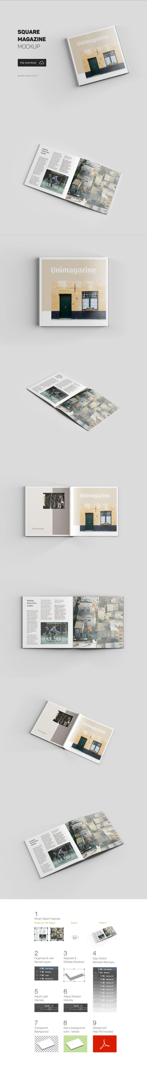 Free 5+ Views of Square Magazine Mockup – CreativeBooster