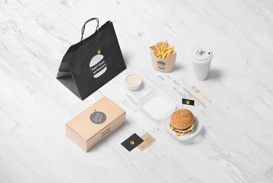 Free Burger Store Branding Mockup with Coffee and French Fries