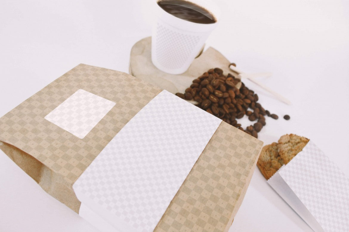 Free Coffee Bag and Cup Perspective Top View (Mockup)