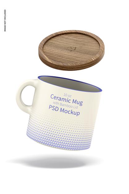 Free 10 Oz Ceramic Mug With Bamboo Lid Mockup Psd