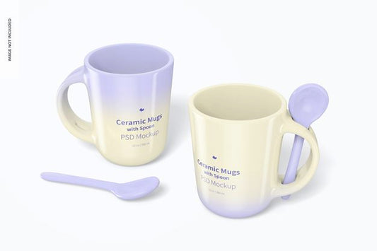 Free 12 Oz Ceramic Mugs With Spoon Mockup Psd