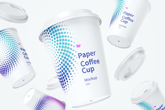 Free 12Oz Paper Coffee Cups With Caps Mockup, Falling