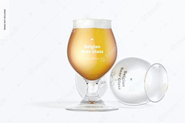 Free 13 Oz Belgian Beer Glass Mockup, Standing And Dropped Psd