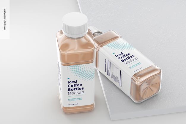 Free 16 Oz Iced Coffee Bottles Mockup, Standing And Dropped Psd