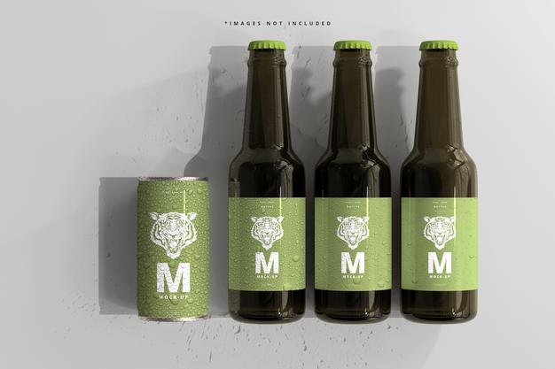 Free 180Ml Mini Soda Or Beer Can And Bottle With Water Drops Mockups Psd