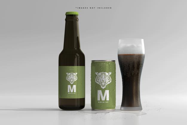 Free 180Ml Mini Soda Or Beer Can And Bottle With Water Drops Mockups Psd