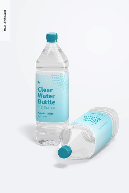 Free 1L Clear Water Bottles Mockup, Standing And Dropped Psd