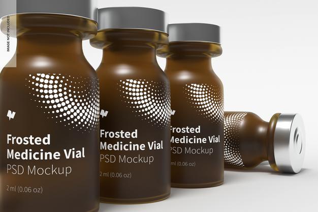 Free 2 Ml Frosted Glass Medicine Vial Bottles Mockup, Close Up Psd