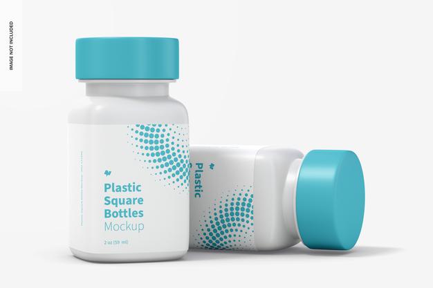 Free 2 Oz Plastic Square Bottles Mockup, Dropped Psd