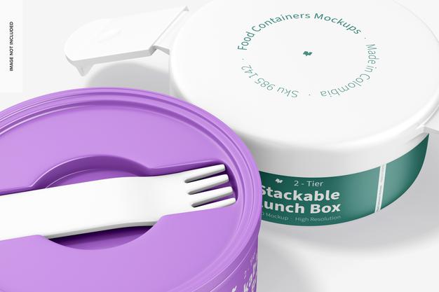 Free 2-Tier Stackable Lunch Box Mockup, Close Up Psd