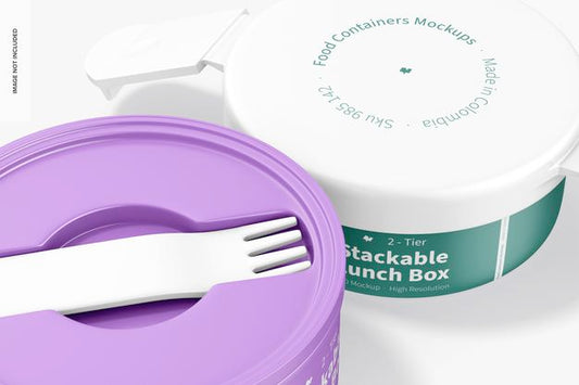 Free 2-Tier Stackable Lunch Box Mockup, Close Up Psd