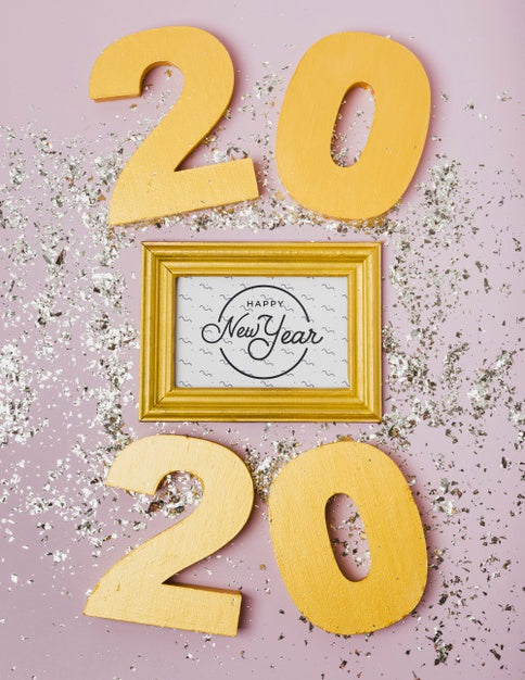 Free 2020 New Year Lettering On Golden Frame Psd