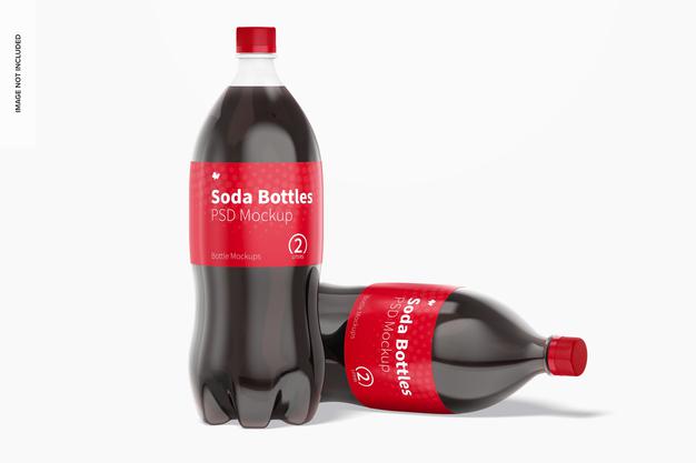 Free 2L Soda Bottles Mockup, Standing And Dropped Psd