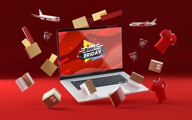Free 3D Black Friday Items On Red Background Psd