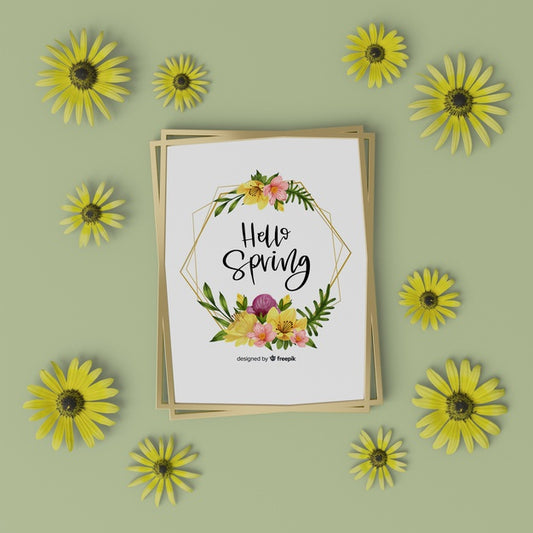 Free 3D Floral Frame With Hello Spring Card Psd