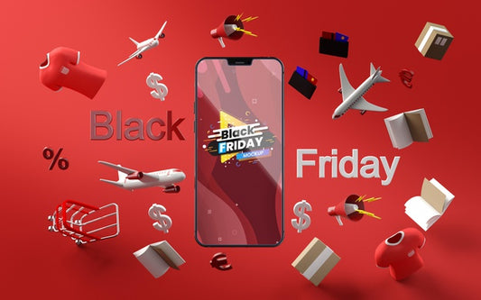 Free 3D Items Black Friday Sale Mock-Up Red Background Psd