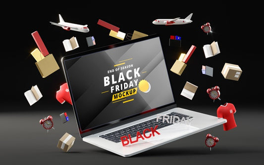 Free 3D Objects And Laptop For Black Friday On Black Background Psd