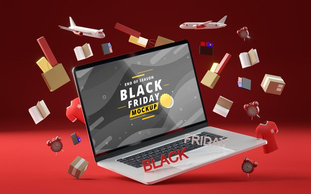 Free 3D Objects And Laptop For Black Friday On Red Background Psd