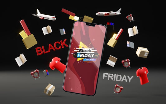 Free 3D Objects And Phone For Black Friday On Black Background Psd