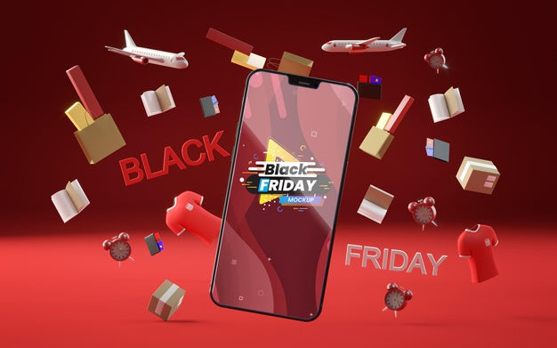 Free 3D Objects And Phone For Black Friday On Red Background Psd