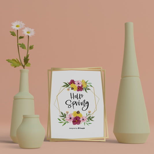 Free 3D Ornaments And Hello Spring Card On Table Psd
