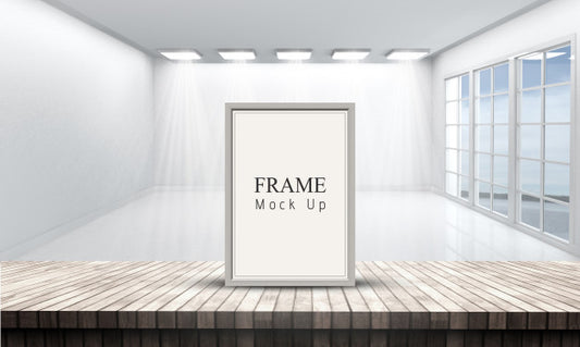 Free 3D Picture Frame On A Wooden Table Looking Out To A White Empty Room Psd