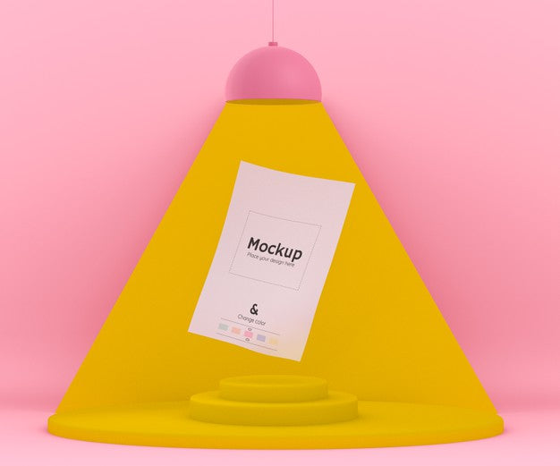 Free 3D Pink And Yellow Environment With A Lamp Lighting Up A Folded Mockup Paper Sheet Psd