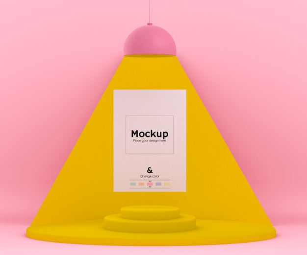 Free 3D Pink And Yellow Environment With A Lamp Lighting Up A Mockup Paper Sheet And Editable Color Psd