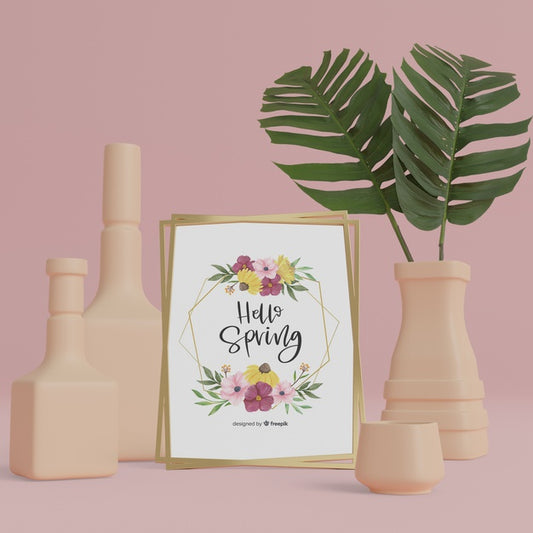 Free 3D Vases And Foliage With Hello Spring Card Mock-Up Psd