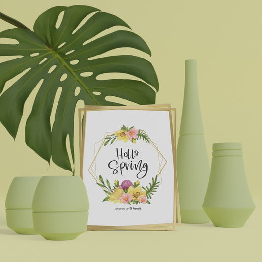 Free 3D Vases And Foliage With Hello Spring Card Psd