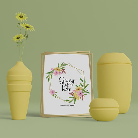 Free 3D Vases And Hello Spring Card On Table Psd